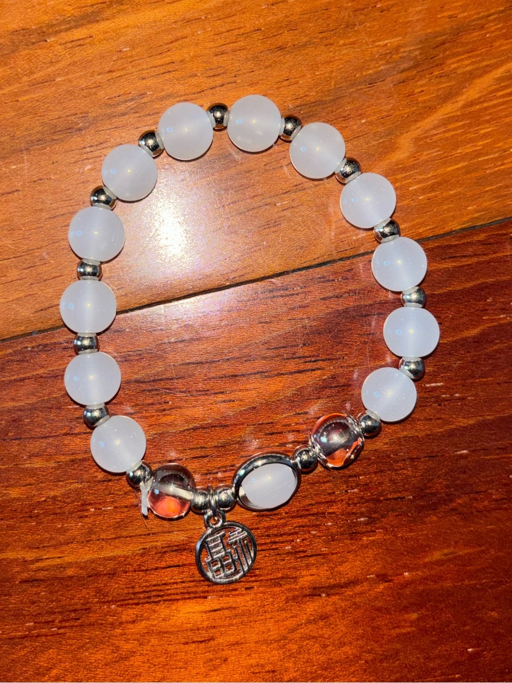 White Beaded Stretch Bracelet with Silver Charm